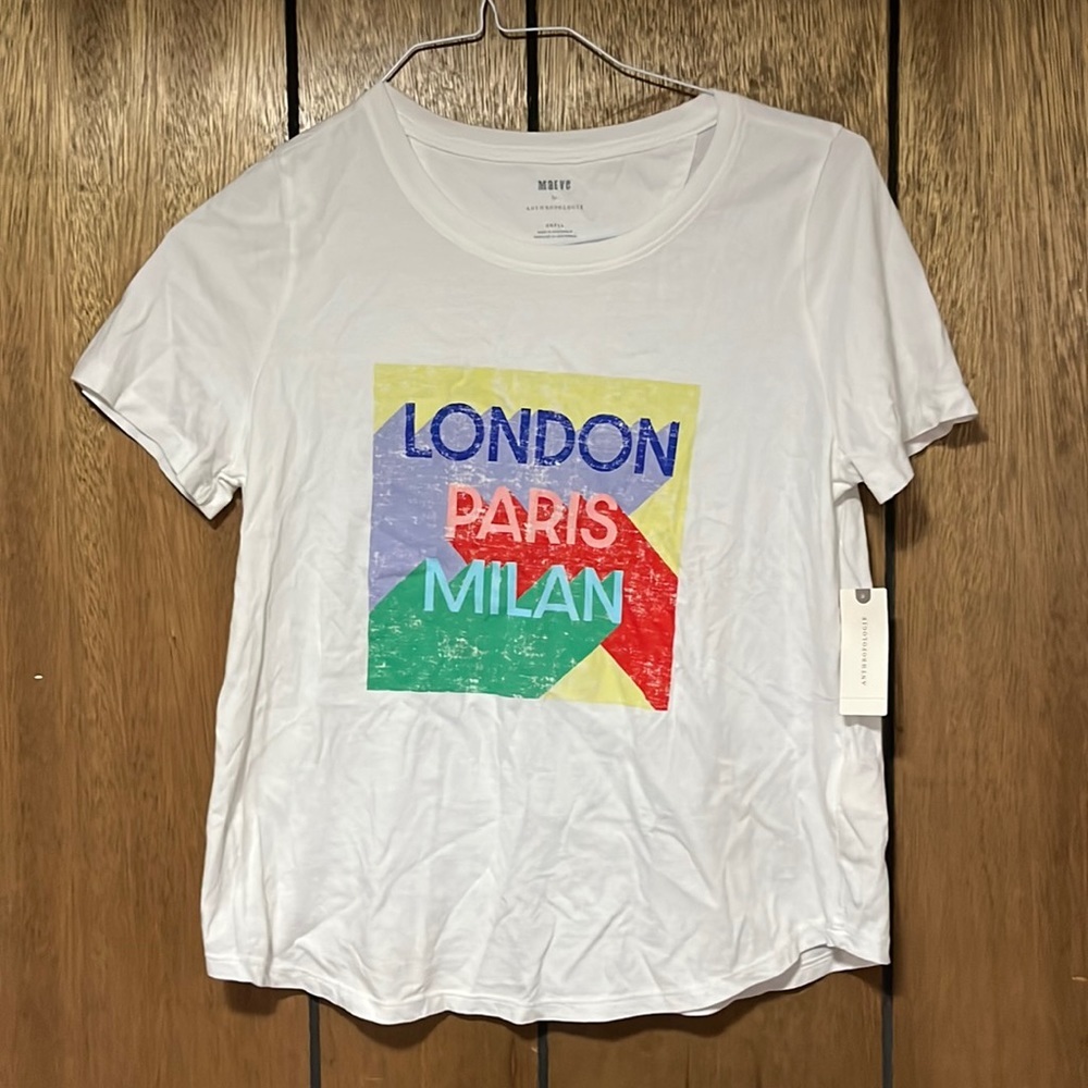 Anthropologie Maeve White Graphic Tee Milan Paris London NWT